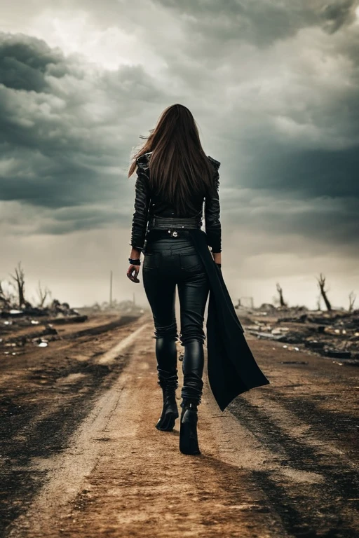 woman with long hair, torn pants, black leather jacket, walking in an apocalyptic landscape