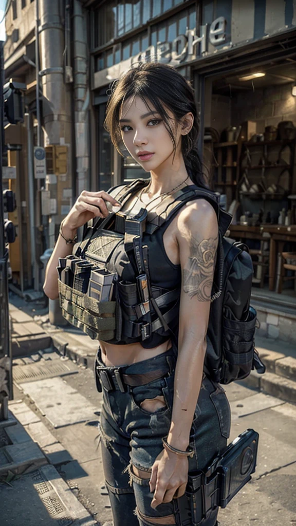 (Photographic:1.3, 16k, highest quality, masterpiece, Ultra-high resolution), Perfect dynamic composition:1.2, Very detailedな肌と顔の質感:1.2, (Covered in scars:1.0, war:1.0, battlefield:1.0, A ruined world:1.0, Increase the disruptive element:1.0, rubble:1.0, Innovative Configuration:1.0), Professional camera work, Dynamic pose:0.7, Very detailed, Beautiful Japanese women serving in the US military, Incredibly slim body, Fair skin, Very beautiful face, Stern expression, ((Automatic rifle:0.5, Bulletproof vest:0.5, Torn clothes:0.5, Backpack:0.5, boots)), Shapely breasts, Chest gap, Big eyes that exude beautiful eroticism, Lips that exude beautiful eroticism, Cowboy Shot, necklace, Earrings, bracelet, Tattoo, hat