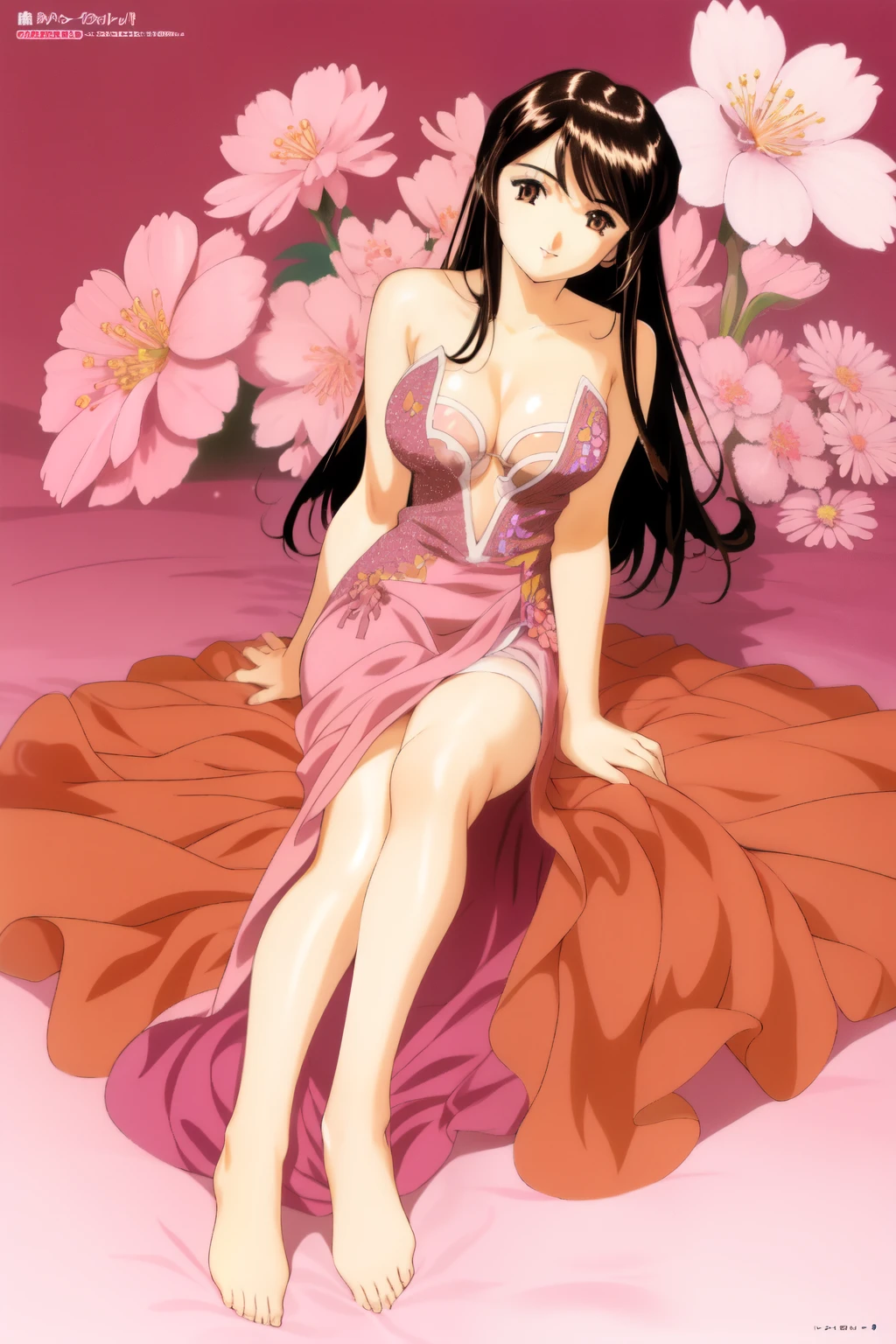 Full body,  solo, 1girl, looking at viewer, smile, blush, large breasts, brown hair, bangs, dark brown eyes, beautiful detailed face, ultra detailed eyes, pink dress , night, Nephrolepis \(flower\), sakura background 