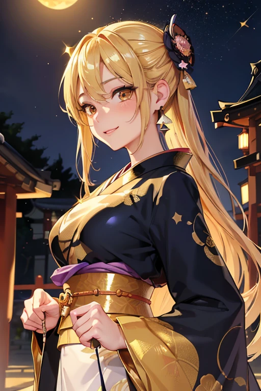 masterpiece、highest quality、High resolution、high quality images、8K, 1 female、skin luster、skin texture、Expression of fine eyes、(Shiny bright golden hair:1.8),Girl with long braided hair, realism, Detailed manga style, manga art style, perfect line drawing, beautiful line drawing, digital manga art girl, 
(beautiful golden eyes:1.5), Clear, beautiful eyes、plump lips, Detailed gorgeous face, (cute smile), charm, Front view, (perfectly detailed face), (fine hands) 、photorealistic images, Depth of written boundary, face forward , night sky , night view ，beautiful starry sky  , romanticism、(Taisho Era、japanese kimono:1.5)、(medium breasts:1.5)、smile、blush、Black Hair、Gorgeous blue sparkling earrings、Gorgeous gold bracelet、Gorgeous gold anklets、(oblong face:1.5)、(Sparkling Glitter:1.2)、Cover your forehead with bangs、Bangs between the eyes、(full body:1.0)、(standing:1.3)、(portrait:1.6)
Taisho Era、Graceful、Kyoto street,Smile,heartful、Moon Night,The beautiful old town of Kyoto,people,