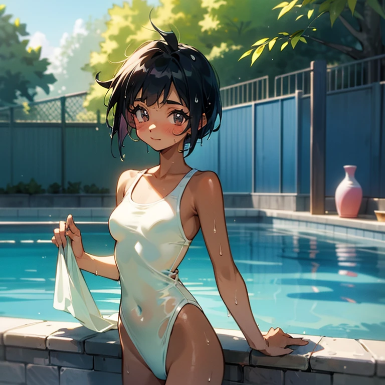 Cool girl、Boyish Girl、Sporty、tits、Swimwear、Swimsuit、Swimsuit 、Wet、Clothes that stick、oil、slimy、Pixie Cut、black hair color
、high school girl、Gal、Brown Skin、garden、Pool、tall、Slender beauty
