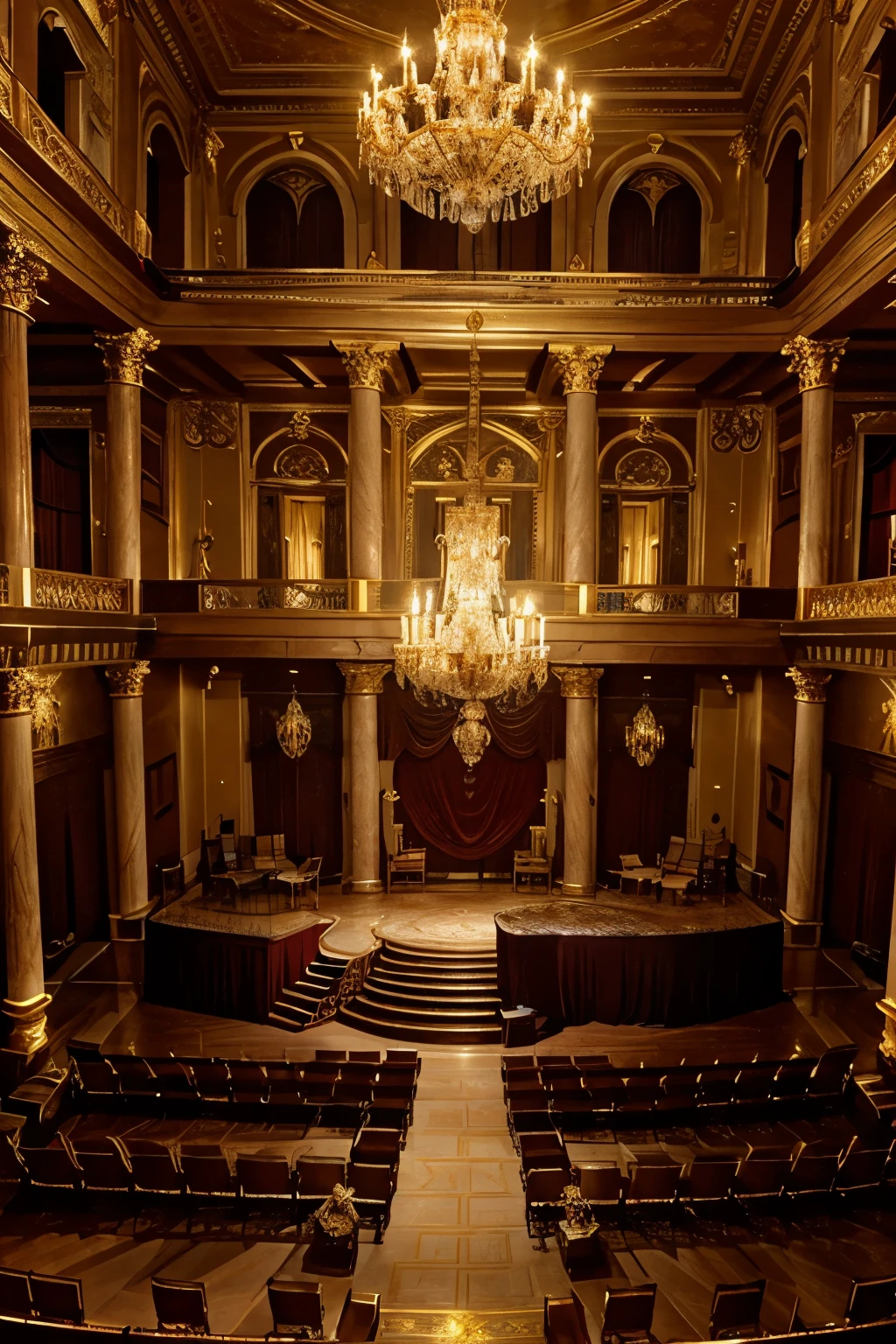 The play takes place in a grandiose Baroque-era palace ballroom, adorned with opulent gold leaf decorations, intricate frescoes, and marble columns. The stage is divided into multiple levels, with a central staircase leading down to the ballroom floor. A massive chandelier hangs from the ceiling, casting a warm, golden glow over the scene.