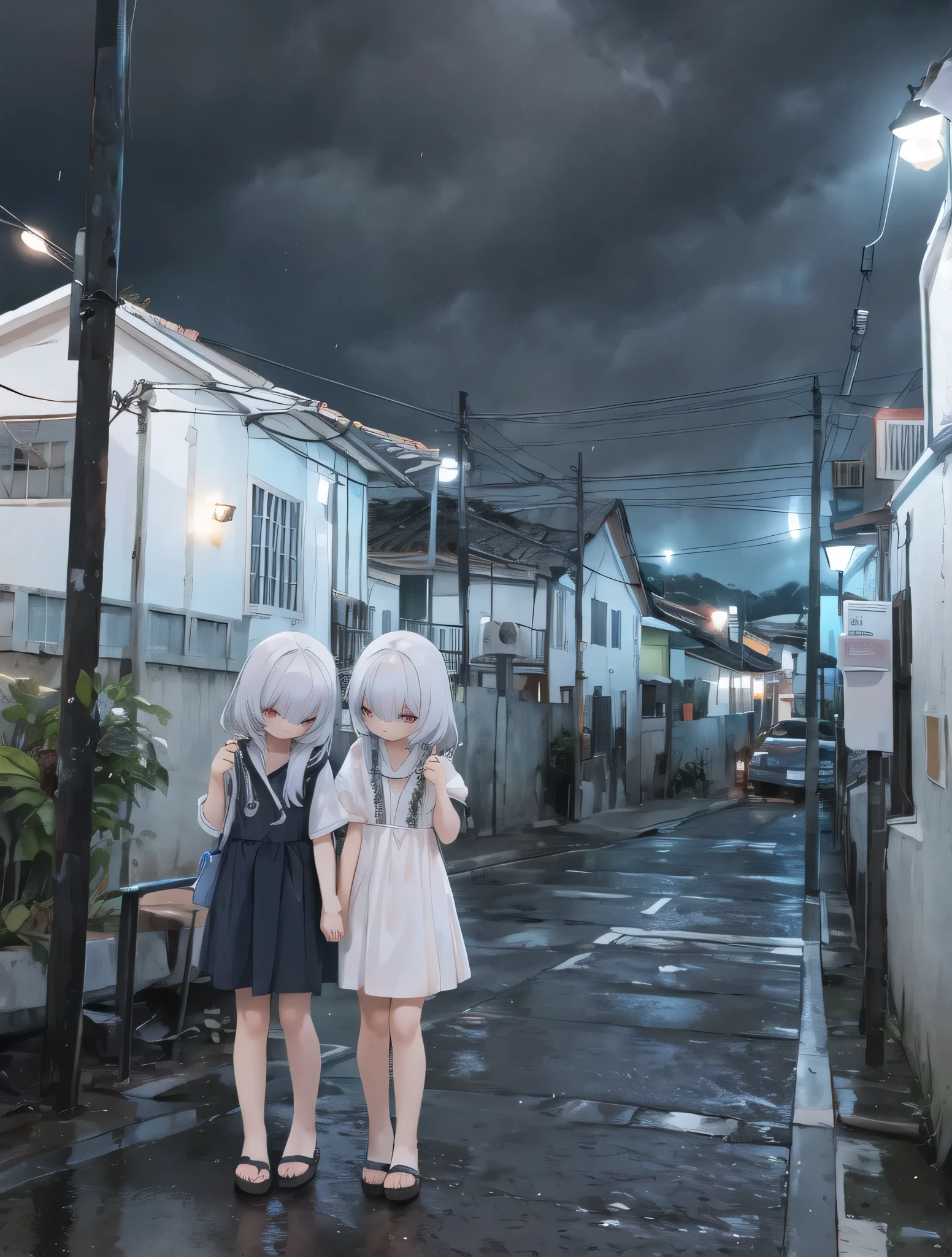 ,twins,cabelo branco,Meias,mulher madura,chuva,cidade noturna