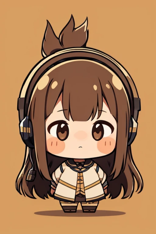 A girl, long brown hair, big bright brown eyes, headset, cute, slightly blushing