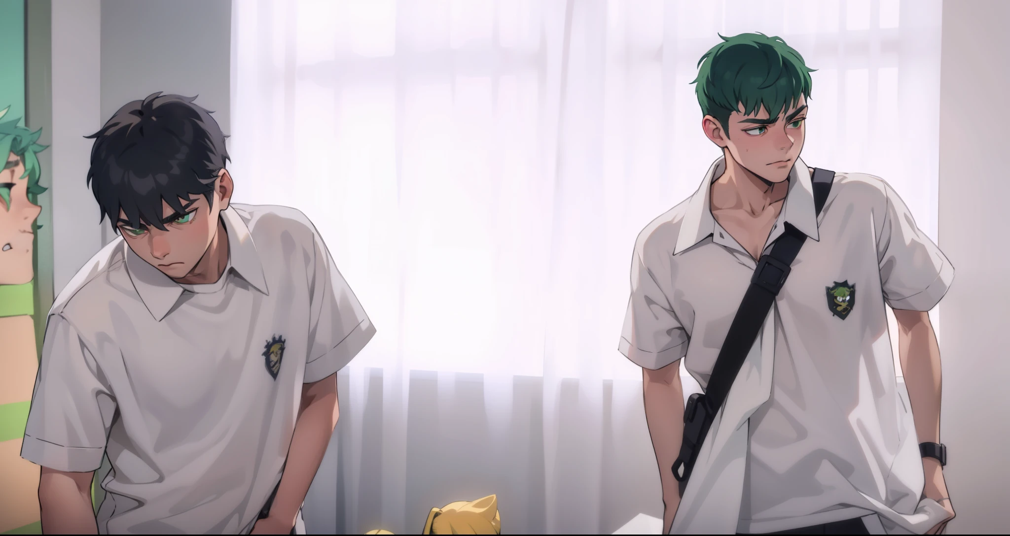 young 16 year old man is looking seriously upset with green hair and the other boy has gray hair