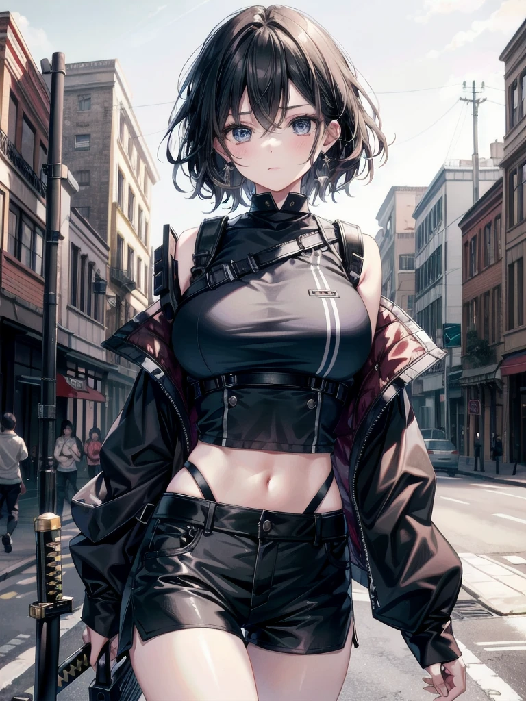 absurdres, RAW photo, extremely delicate and beautiful, masterpiece, Best Quality, ultra high resolution, 32k, hyperrealistic, ultra-detailed, tearful mole, earring, short medium hair, wavy hair, whole body, gigantic katana, Black military uniform, urban backdrop, Ladies' military vests, shorts, midriff, 