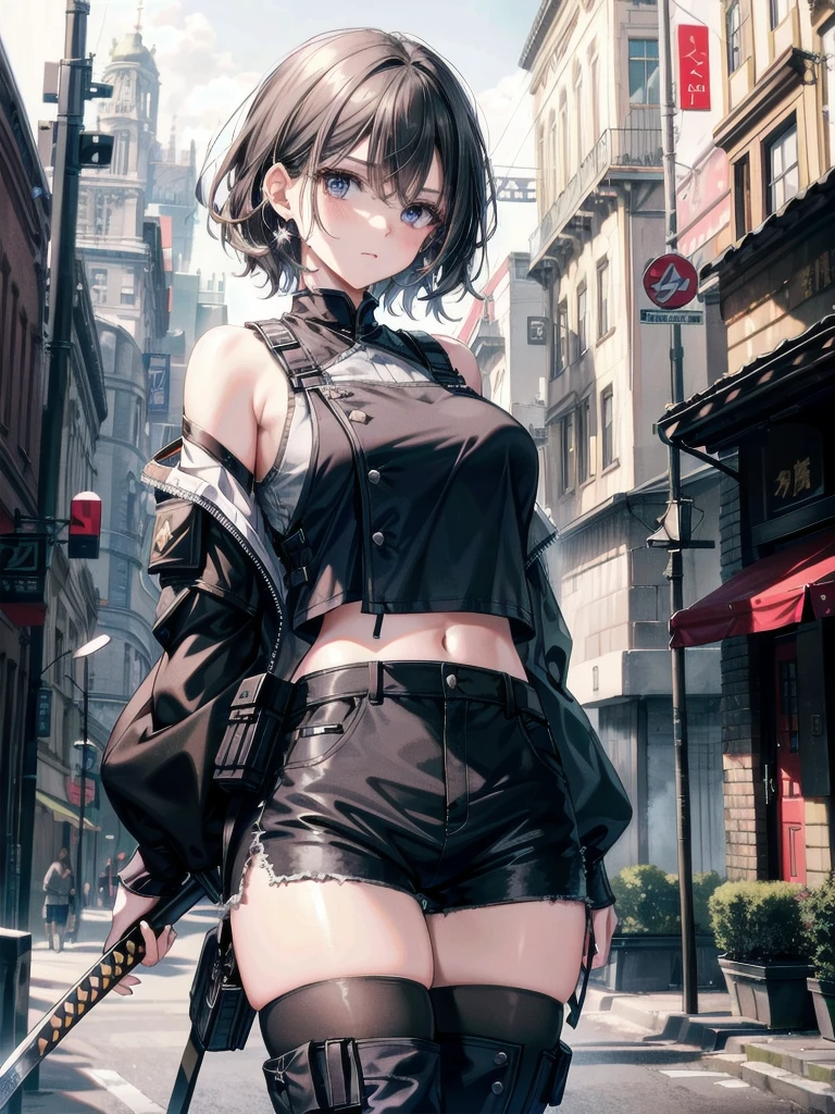 absurdres, RAW photo, extremely delicate and beautiful, masterpiece, Best Quality, ultra high resolution, 32k, hyperrealistic, ultra-detailed, tearful mole, earring, short medium hair, wavy hair, whole body, gigantic katana, Black military uniform, urban backdrop, Ladies' military vests, shorts, midriff, 