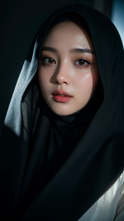 a gorgeous hijab girl in the dark scene, backlit hair, low key, dimly lit, in the dark, deep shadow, cold light, back light, best quality, detailed detail, masterpiece