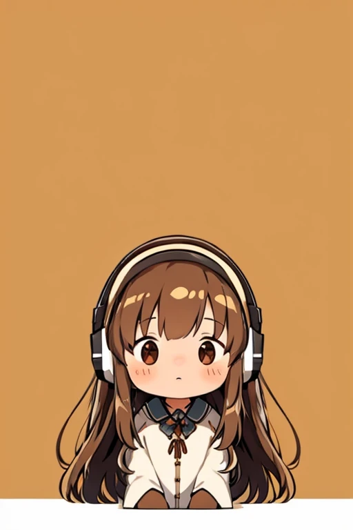 A girl, long brown hair, big bright brown eyes, headset, cute, slightly blushing