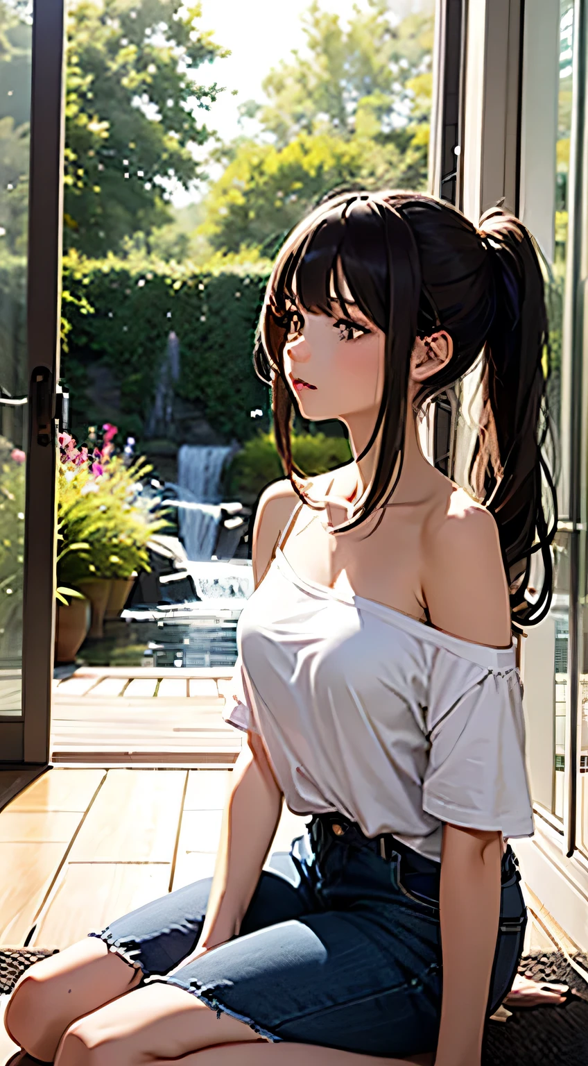 a room, the wall is a huge clear glass panel, outside the glass there is an artificial waterfall cascading down onto a lush garden, 1 girl, sitting on the floor next to the window, long dark hair tied in a messy ponytail, beautiful delicate face, ((wearing a large oversized t-shirt that is hanging off one shoulder)), t-shirt reaches to her knees, looking out the window