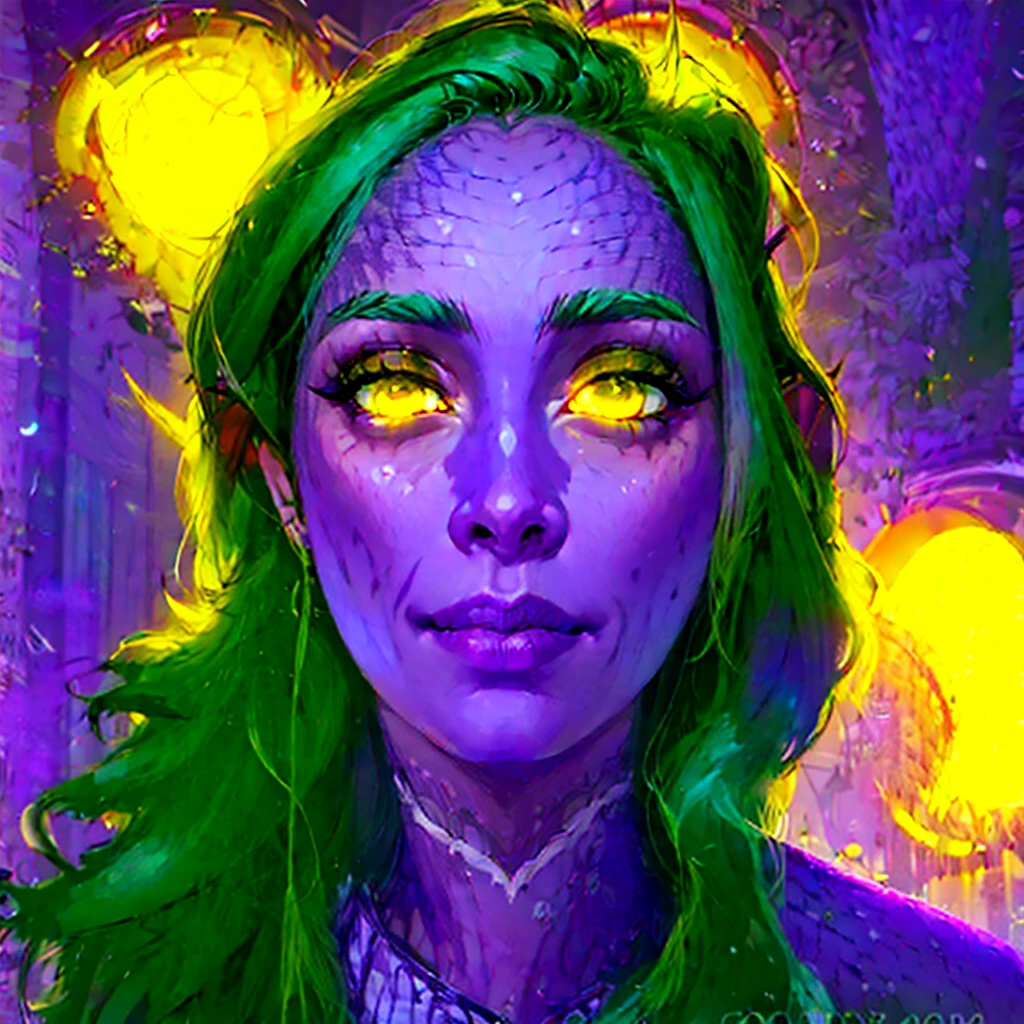 1 garota, beautiful tyrande close portrait, twin braids, bright yellow eyes:1.5, vibrant intense purple skin, camisa branca, gargantilha, Saia preta, sorriso, desviando o olhar, cafe indoors, volumetric lighting, particles, melhor qualidade, obra de arte, realista, night elf:1.5