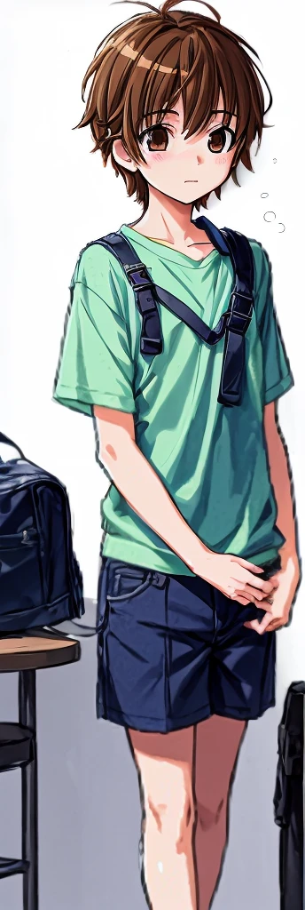 A beautiful boy in his fifth or sixth grade is standing there blushing in his summer uniform and extremely short shorts.。