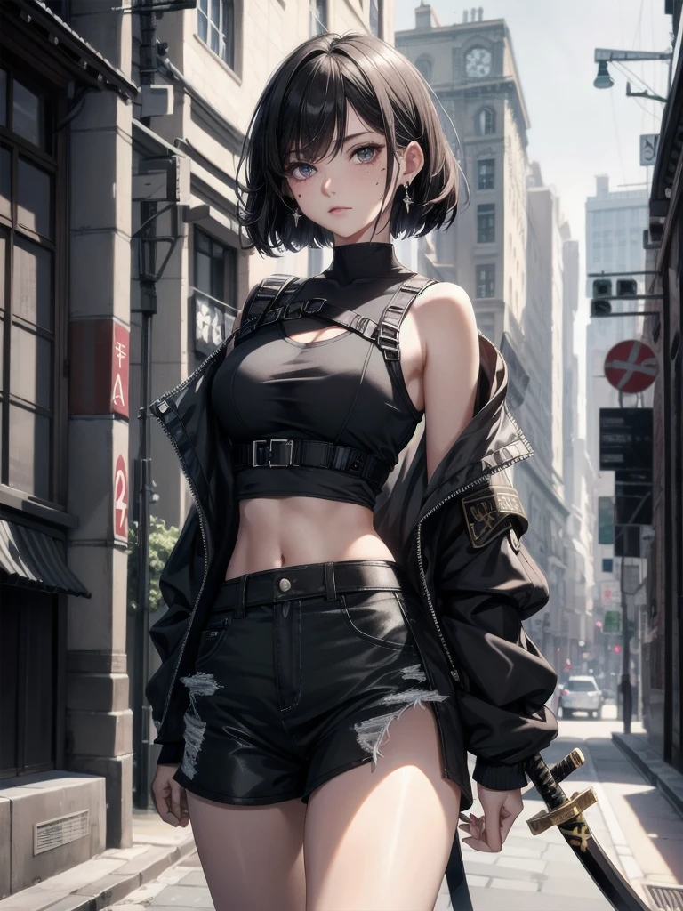 absurdres, RAW photo, extremely delicate and beautiful, masterpiece, Best Quality, ultra high resolution, 32k, hyperrealistic, ultra-detailed, tearful mole, earring, short medium hair, wavy hair, whole body, long katana, Black military uniform, urban backdrop, Ladies' military vests, shorts, midriff,