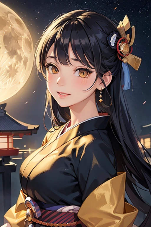 masterpiece、highest quality、High resolution、high quality images、8K, 1 female、skin luster、skin texture、Expression of fine eyes、Girl with long braided hair, realism, Detailed manga style, manga art style, perfect line drawing, beautiful line drawing, digital manga art girl,
(beautiful golden eyes:1.5), Clear, beautiful eyes、plump lips, Detailed gorgeous face, (cute smile), charm, Front view, (perfectly detailed face), (fine hands) 、photorealistic images, Depth of written boundary, face forward , night sky , night view ,beautiful starry sky , romanticism、(Taisho Era、japanese kimono:1.5)、(medium breasts:1.5)、smile、blush、Black Hair、Gorgeous blue sparkling earrings、Gorgeous gold bracelet、Gorgeous gold anklets、(oblong face:1.5)、(Sparkling Glitter:1.2)、Cover your forehead with bangs、Bangs between the eyes、(full body:1.0)、(standing:1.3)、(portrait:1.6)
Graceful、Kyoto street,heartful、Moon Night,The beautiful old town of Kyoto