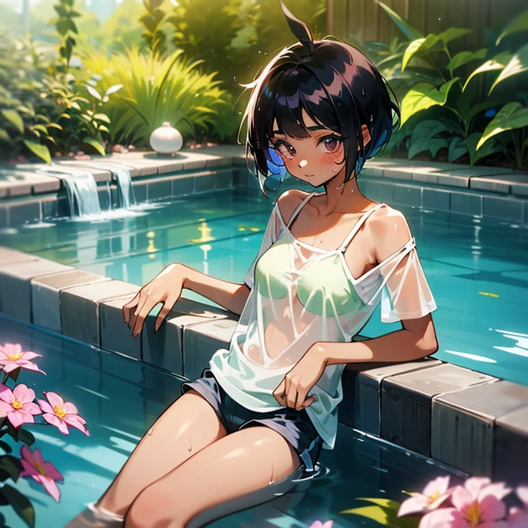 Cool girl、Boyish Girl、Sporty、tits、See-through 、Shorts、camisole、Wet、Clothes that stick、oil、slimy、Pixie Cut、black hair color
、high school girl、Gal、Brown Skin、garden、Pool、tall、Slender beauty