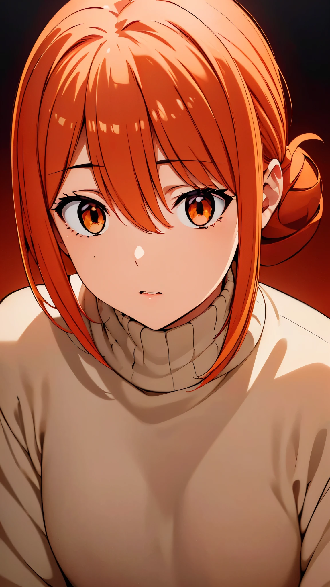 ((8k resolution))、((highest quality))、((masterpiece))、((Very detailed))((((dramatic))), (Anatomically correct)、The depth of the object to write、front、one person、 (yuigahama, sweater, Hair between the eyes, turtleneck, Orange Hair, single Hair Bun, Orange eyes, Hair Bun, Long Hair,)、(theme、whole body:1.1)、White Background