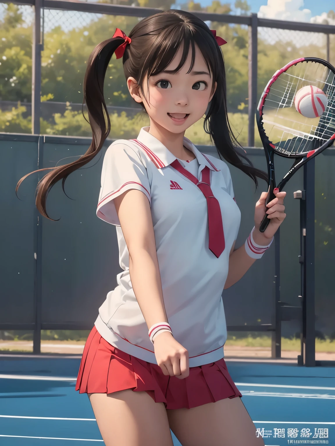 (masterpiece、highest quality、highest quality、Official Art、Beautiful and beautiful:1.2)、(One girl:1.3)Hatsune Miku、Twin tails,Big Breasts,(highest quality、In 8K、32k、masterpiece、Hmph、超A high resolution、Impressionism、Photorealistic:1.2)、Recall、whole body, Tennis court、Beautiful Face、Blurred Background、18 year old beautiful girl、Glowing Skin、Twin tails、Beautiful brown hair、Grey Eyes、Tie your hair in a big red ribbon、Tennis uniform、Raise your arms、Laughing with your mouth open、curve、Holding a racket、Dynamic pose、White panties、