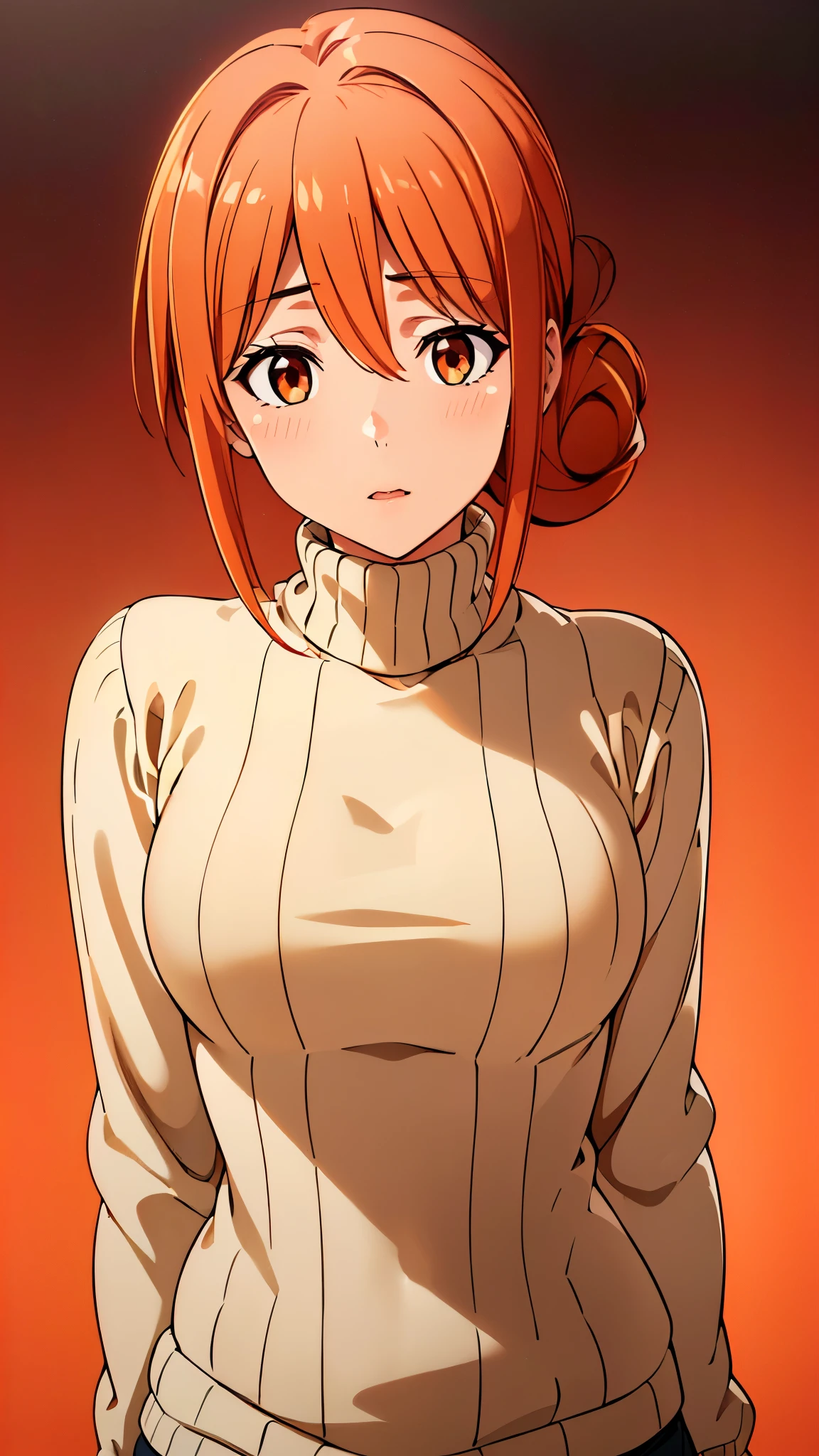 ((8k resolution))、((highest quality))、((masterpiece))、((Very detailed))((((dramatic))), (Anatomically correct)、The depth of the object to write、front、one person、 (yuigahama, sweater, Hair between the eyes, turtleneck, Orange Hair, single Hair Bun, Orange eyes, Hair Bun, Long Hair,)、(theme、whole body:1.1)、White Background