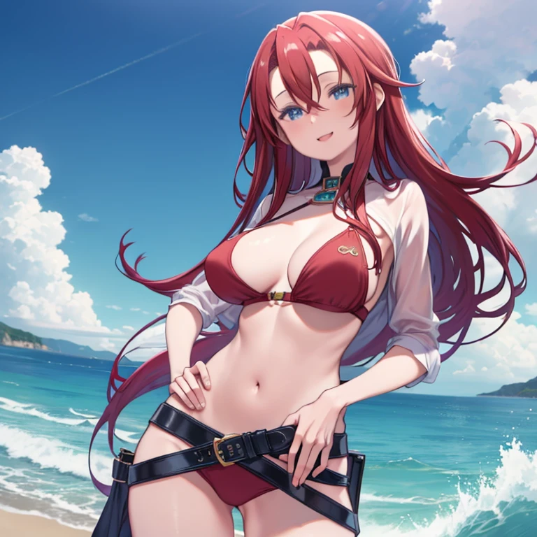 masterpiece、highest quality、High resolution、Very detailed、Close-up、Medium wide shot、Mature Woman、(aty, long hair, blue eyes, red hair,　Hair between the eyes、Big Breasts)、Hands behind head、Put your hands on your hips、bikini、High leg、long hair、Wave Splash、grace、laughing、sexy、Fantasy、