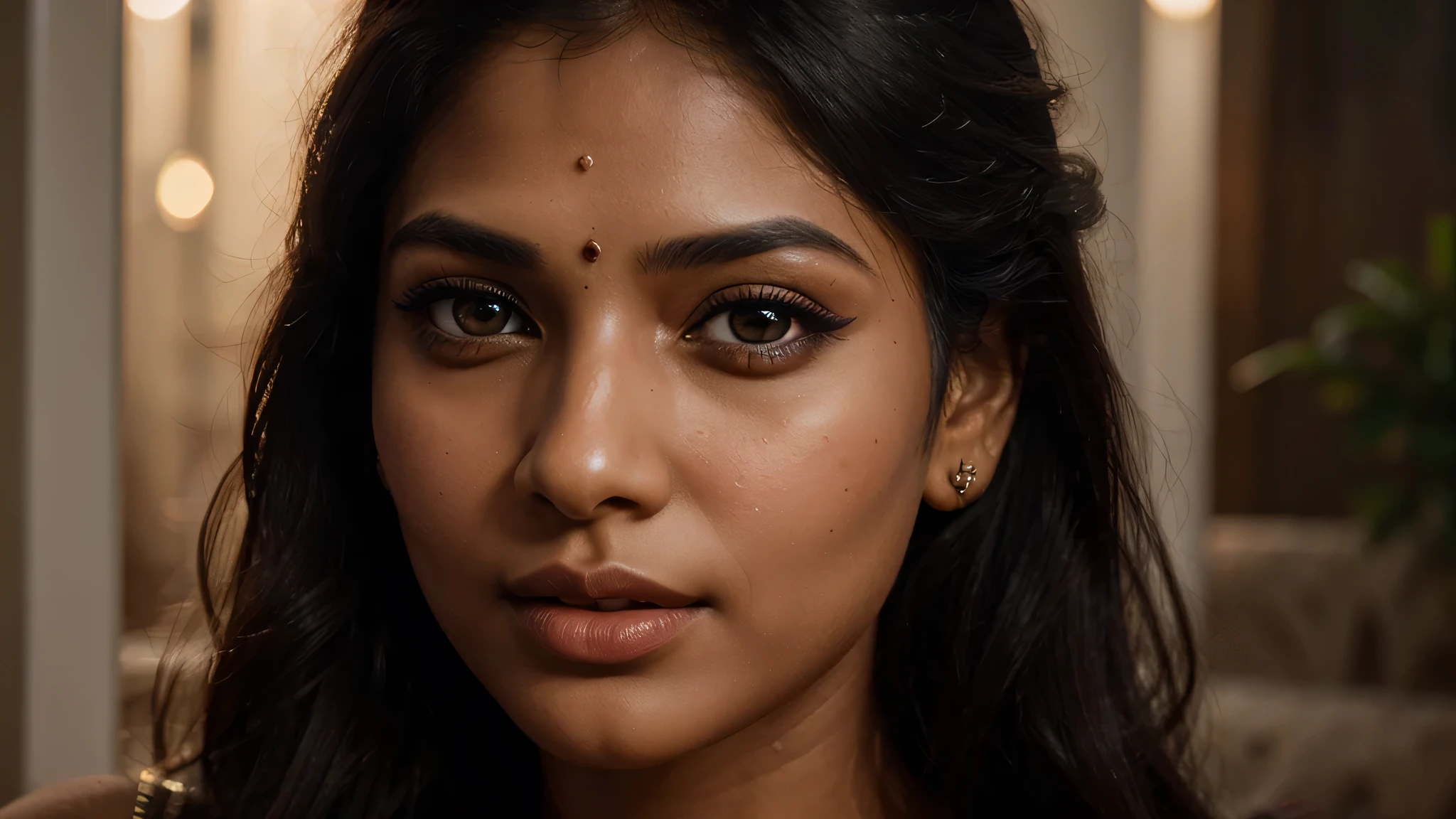 A woman's face at night,beautiful detailed eyes,beautiful detailed lips,extremely detailed eyes and face,long eyelashes,Indian woman,dusk,illustration,high-quality,ultra-detailed,photorealistic,portrait,rich colors,warm tones,soft light