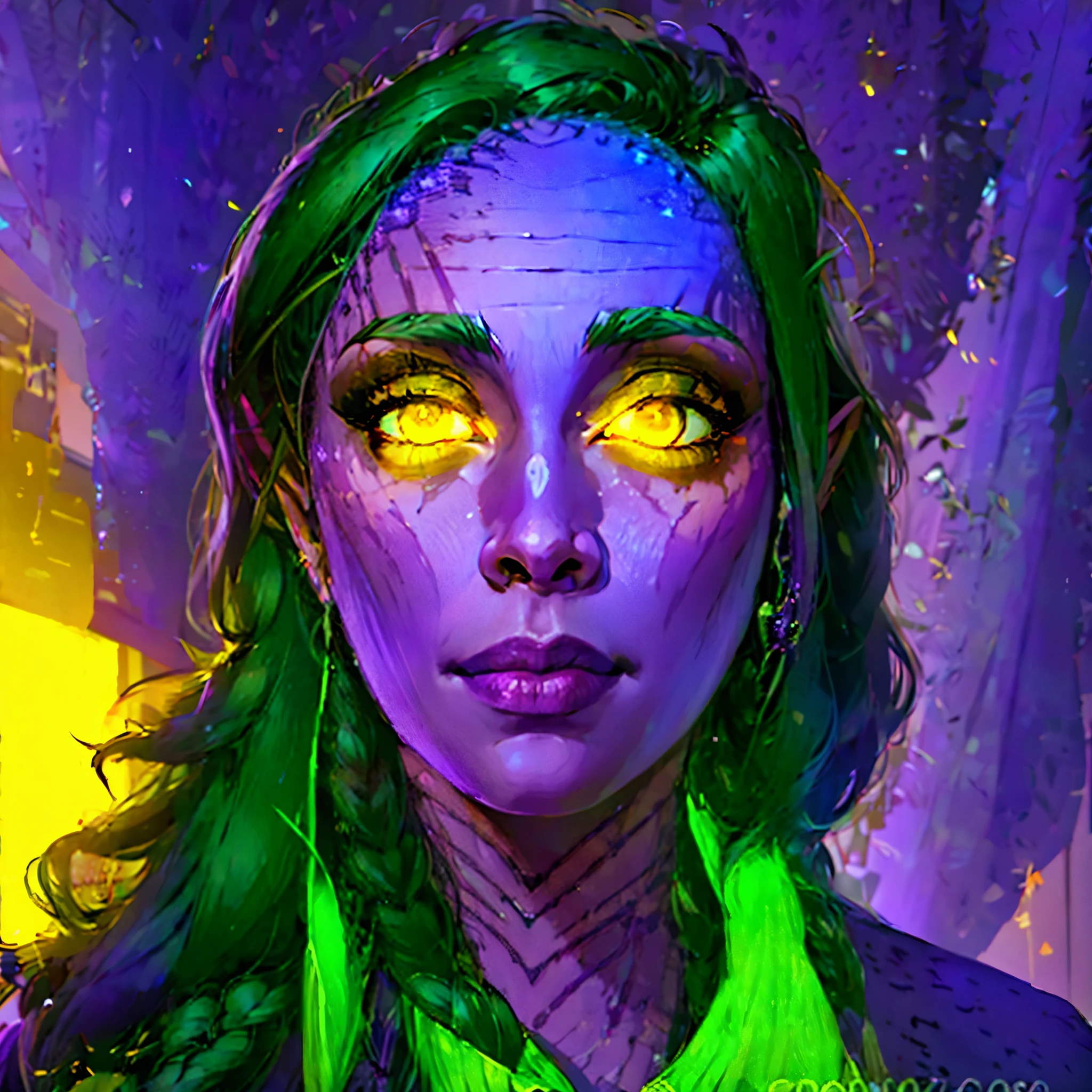 1 garota, beautiful tyrande close portrait, twin braids, bright yellow eyes:1.5, vibrant intense purple skin, camisa branca, gargantilha, Saia preta, sorriso, desviando o olhar, cafe indoors, volumetric lighting, particles, melhor qualidade, obra de arte, realista, night elf:1.5