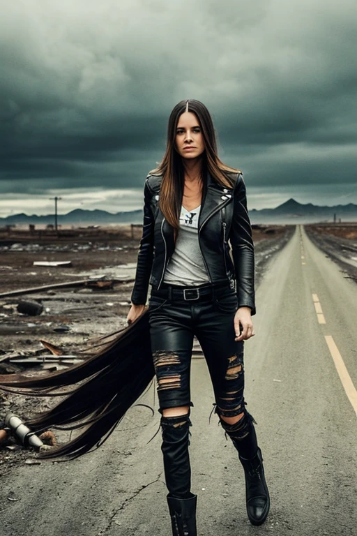 woman with long hair, torn pants, black leather jacket, walking in an apocalyptic landscape