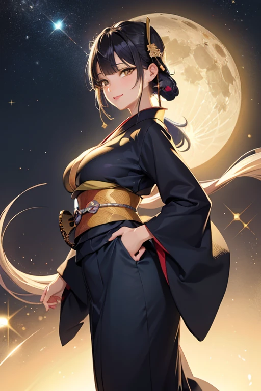 masterpiece、highest quality、High resolution、high quality images、8K, 1 female、skin luster、skin texture、Expression of fine eyes、Girl with long braided hair, realism, Detailed manga style, manga art style, perfect line drawing, beautiful line drawing, digital manga art girl,
(beautiful golden eyes:1.5), Clear, beautiful eyes、plump lips, Detailed gorgeous face, (cute smile), charm, Front view, (perfectly detailed face), (fine hands) 、(Five fingers:1.3)、photorealistic images, Depth of written boundary, face forward , night sky , night view ,beautiful starry sky , romanticism、(Taisho Era、japanese black and golden kimono:1.5)、(large breasts:1.4)、smile、blush、Black Hair、Gorgeous blue sparkling earrings、Gorgeous gold bracelet、Gorgeous gold anklets、(oblong face:1.5)、(Sparkling Glitter:1.2)、Cover your forehead with bangs、Bangs between the eyes、(standing:1.3)、(portrait:1.6)
Graceful、Kyoto street,heartful、Moon Night,The beautiful old town of Kyoto、(Hands should be hidden behind the body:1.4)