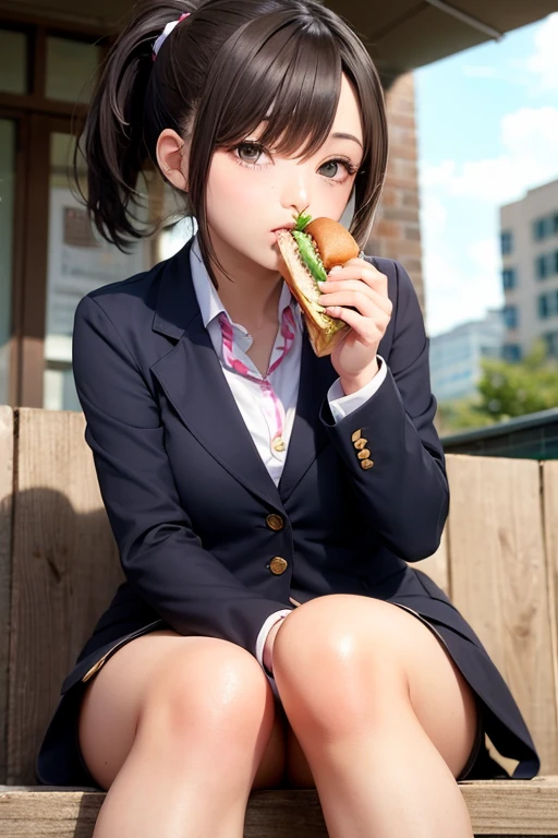 ponytail, blazer, Eat a sandwich
