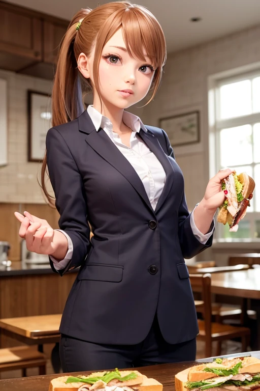 ponytail, blazer, Eat a sandwich