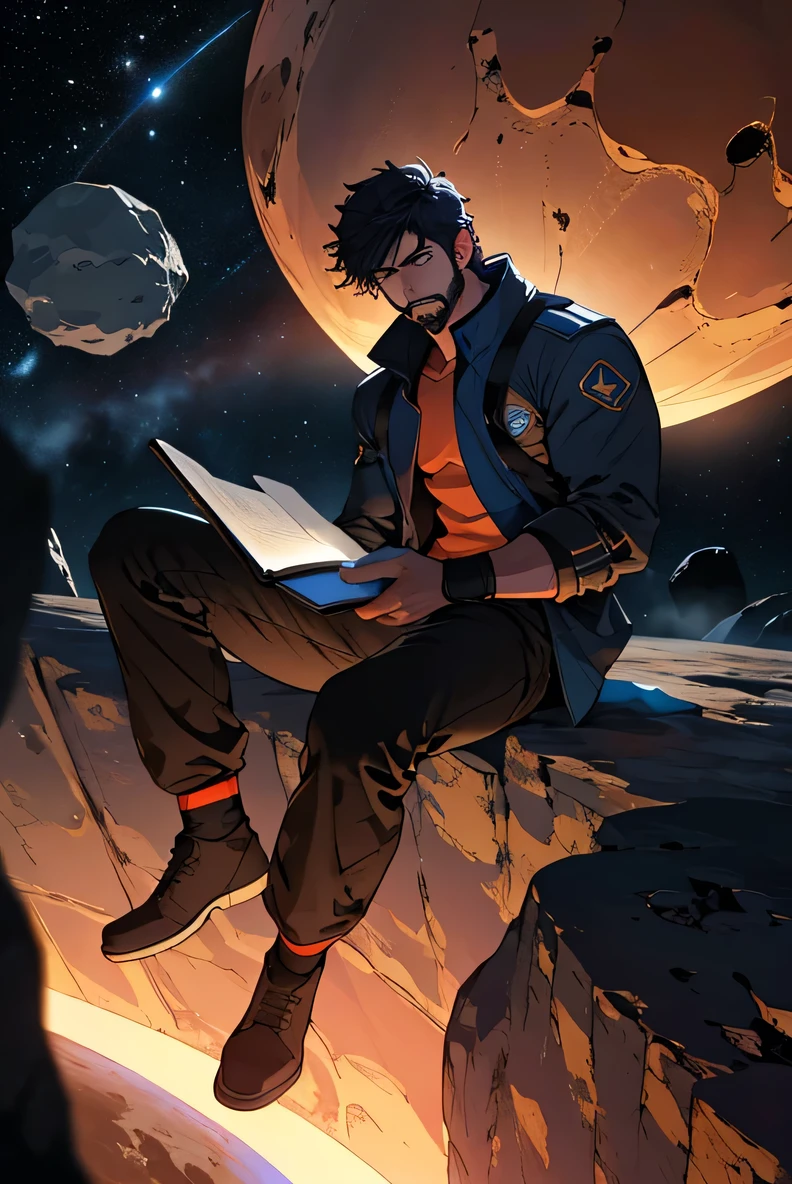 Draw a young programmer, sitting on a research platform floating in the middle of an asteroid belt. He is studying with a notebook, surrounded by several asteroids glowing with fiery auras. Dramatic lighting from distant stars and planets illuminates the scene, casting deep shadows on the suit. The young man looks confident and determined, looking at the vast and mysterious universe with wonder and respect,facial hair, cowboy shot,