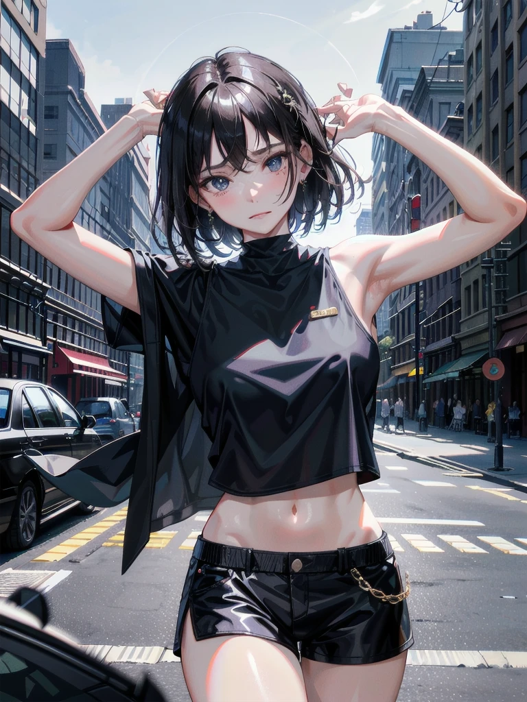 whole body, absurdres, RAW photo, extremely delicate and beautiful, masterpiece, Best Quality, ultra high resolution, 32k, hyperrealistic, ultra-detailed, tearful mole, earring, short medium hair, wavy hair, big katana, Black military uniform, urban backdrop, Ladies' military vests, shorts, midriff,