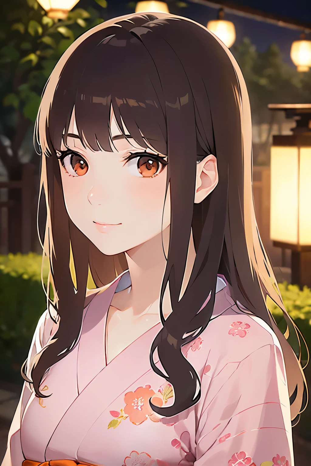 Biologically correct five fingers、A close-up of your face、Realistic, real person, (pale skin: 1.2), RAW photo, photorealistic, shiny skin, shiny hair、(25 year old woman with bangs) and (wavy hair) and (brown hair) and (orange eyes) , (yukata) and (pink) and (Floral patterns)、(sadsmile:1.3), The background is a Japanese park at night、Alone、Are standing