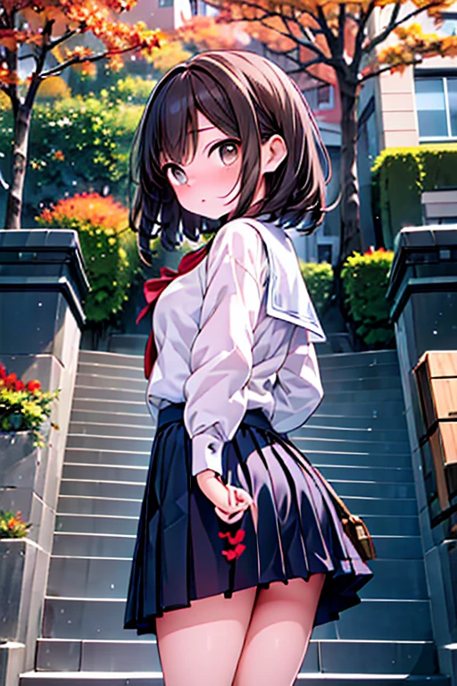 (highest quality、In 8K、32k、masterpiece、Hmph、超A high resolution、Impressionism、Photorealistic:1.2)、Cowboy Shot、Sharp focus、Detailed face and eyes, Walking along the tree-lined stairs, October, during butn, in butn, Golden autumn, Golden Leaf, butn season, trending photo, November, but, beautiful画像, beautiful美学, autumn, butn season, good day, in butn, !!beautiful!!)、Sharp pupils、Realistic students、beautiful顔、18歳のbeautiful少女、Glowing Skin,、beautiful brown hair、Blunt bangs,Brown eyes,Brown hair short cut.Slightly chubby,The breasts are small,The butt is small,Winter sailor uniform、Pleated mini skirt、Black socks、(Wearing a skirt)、(Embarrassed look:1.2)、