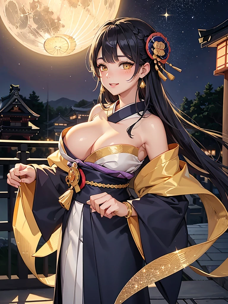 masterpiece、highest quality、High resolution、high quality images、8K, 1 female、skin luster、skin texture、Expression of fine eyes、Girl with long braided hair, realism, Detailed manga style, manga art style, perfect line drawing, beautiful line drawing, digital manga art girl,
(beautiful golden eyes:1.5), Clear, beautiful eyes、plump lips, Detailed gorgeous face, (cute smile), charm, Front view, (perfectly detailed face), (fine hands) 、photorealistic images, Depth of written boundary, face forward , night sky , night view ,beautiful starry sky , romanticism、(Taisho Era、japanese kimono:1.5)、(large breasts:1.5)、smile、blush、Black Hair、Gorgeous blue sparkling earrings、Gorgeous gold bracelet、Gorgeous gold anklets、(oblong face:1.5)、(Sparkling Glitter:1.2)、Cover your forehead with bangs、Bangs between the eyes、(full body:1.0)、(standing:1.3)、(portrait:1.6)
Graceful、Kyoto street,heartful、Moon Night,The beautiful old town of Kyoto