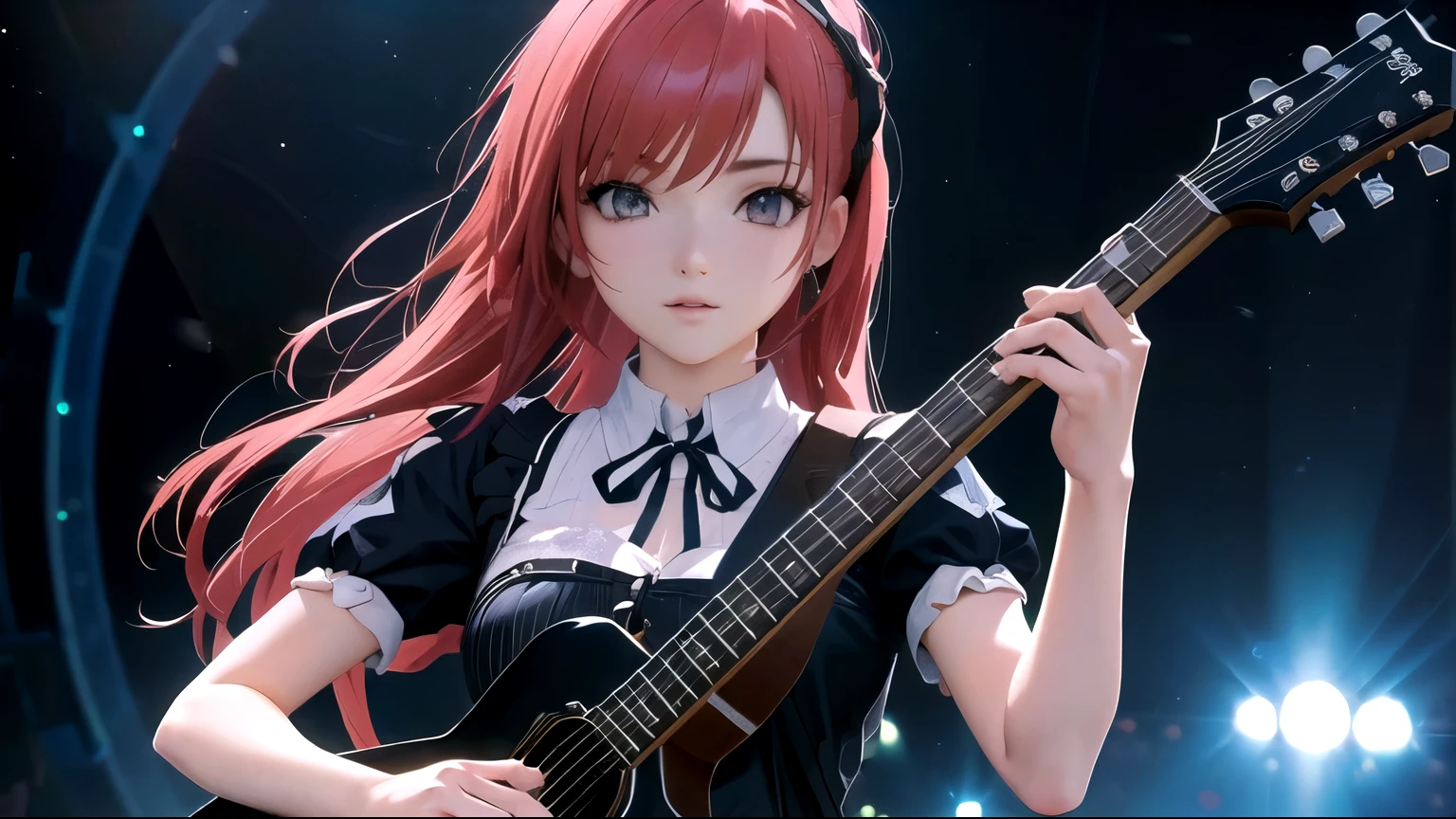 anime girl with red hair holding a guitar in front of a stage, photorealistic rendering of anime girl, anime 3d, obras de arte no estilo de guweiz, Linda garota de anime, arte cg de anime suave, estilo anime 4k, jovem anime realista, Arte detalhada de alta qualidade em 8K, estilo anime 3 d realista, render of a cute anime 3d