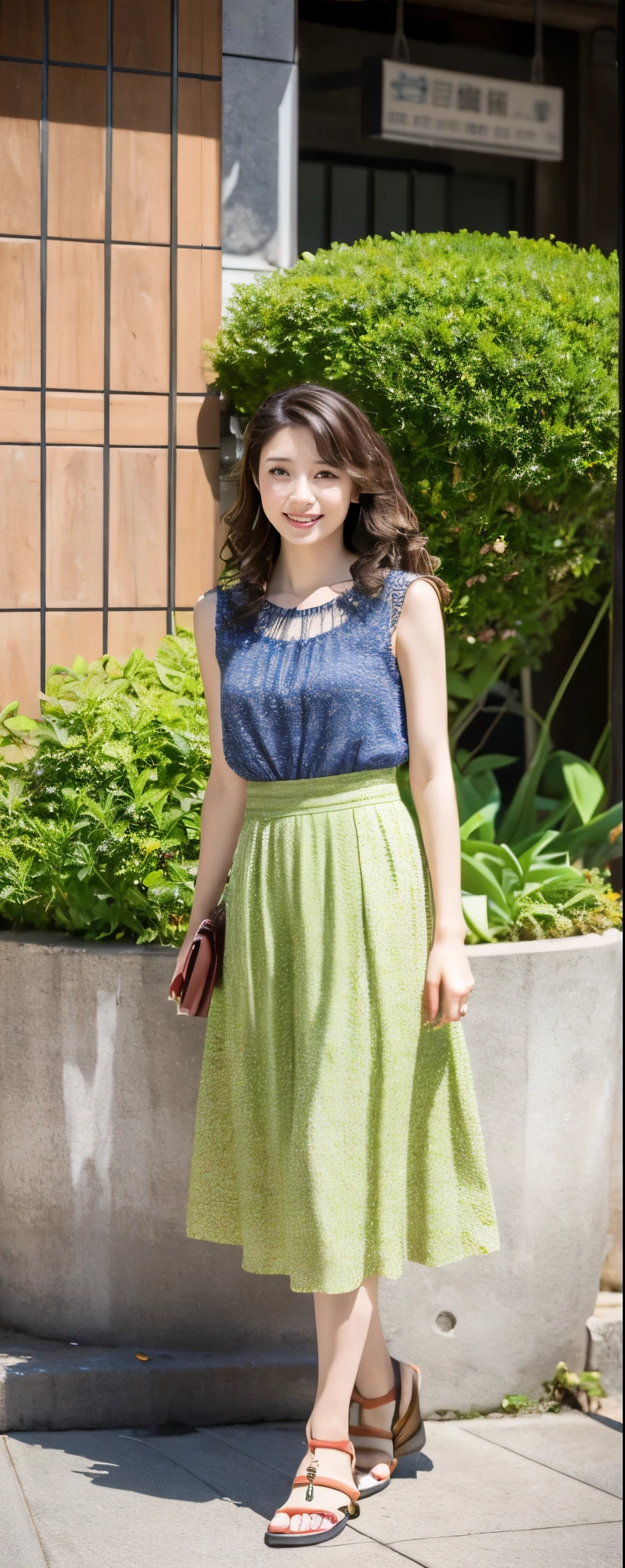 masuterpiece, Best Quality, Illustration, Ultra-detailed, finely detail, hight resolution, 8K Perfect dynamic composition, from front, full body, Beautiful detailed eyes, Medium wavy Hair, wearing unadorned sleeveless blouse:1.2, long skirt, sandals, make up:1.1, Random poses,Smile, Omotesando Street Walk, 28 years girl