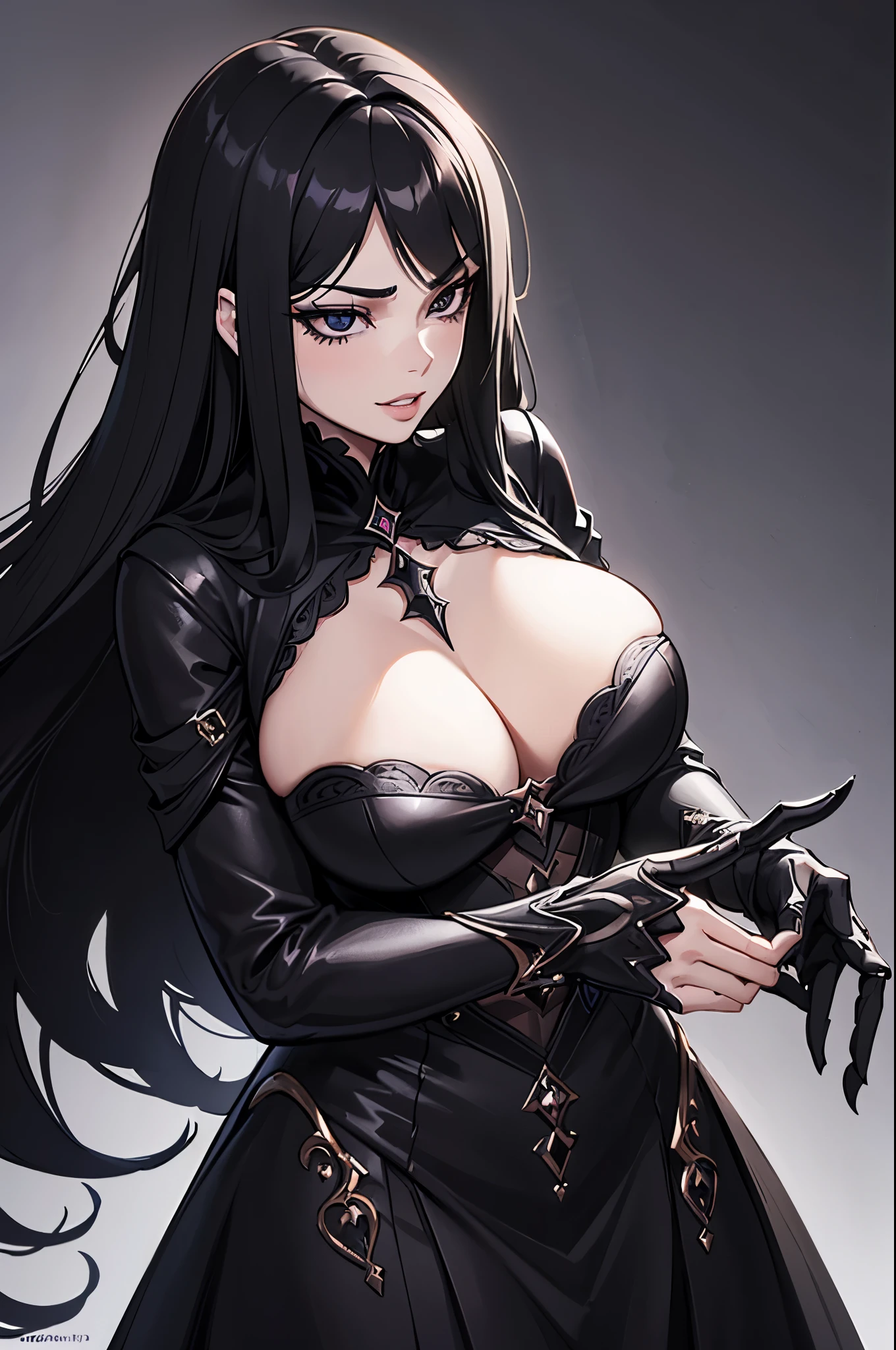 ((best quality,ultra-detailed,realistic)),HDR,UHD,studio lighting,1girl,professional,vivid colors,bokeh,portrait,black hair, black hair,beautiful detailed black eyes,very long hair,pale skin,curvaceous,concrete,shadow,dark atmosphere, black outfit with decote,pretty, delicate features, long lashes, big lips, beautiful, straight hair, long lashes, big lips, beautiful, straight hair, ((magic backgound)), magical suit, ((detailed sexy dress)), (((detailed face))), (((detailed eyes))), ((black magic)), ((death)), ((black magic)), ((black eyes)), ((mysterious)), ((dark vibes)), ((evil smirk))