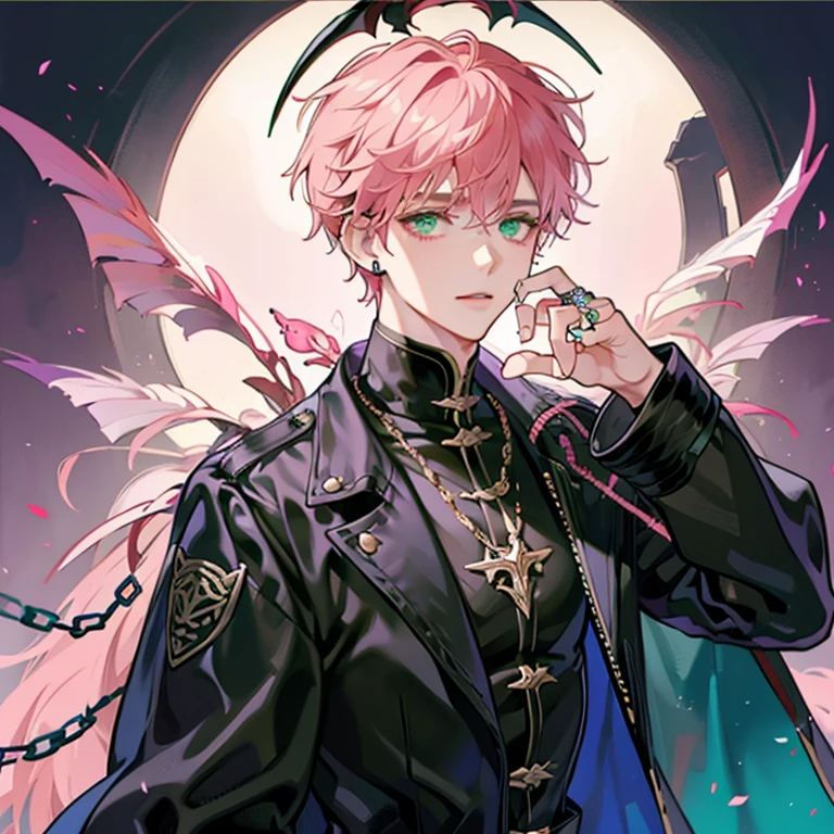 Male demon boy with pink hair, piercings, green eyes, and black leather. upper body only visible in camera view. Head resting on hand. Multiple rings on fingers and chains on outfit.