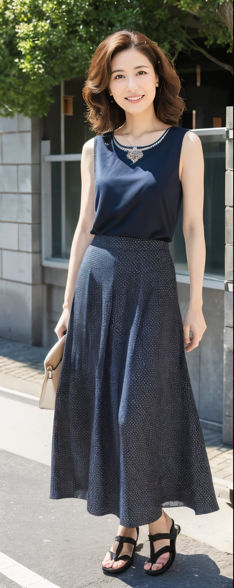masuterpiece, Best Quality, Illustration, Ultra-detailed, finely detail, hight resolution, 8K Perfect dynamic composition, from front, full body, Beautiful detailed eyes, Medium wavy Hair, wearing unadorned sleeveless blouse:1.2, long skirt, sandals, make up:1.1, Random poses,Smile, Omotesando Street Walk, 28 years girl