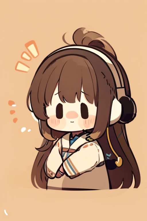 A girl, brown hair, long hair, brown eyes, big and bright, headset, cute, slightly blushing,