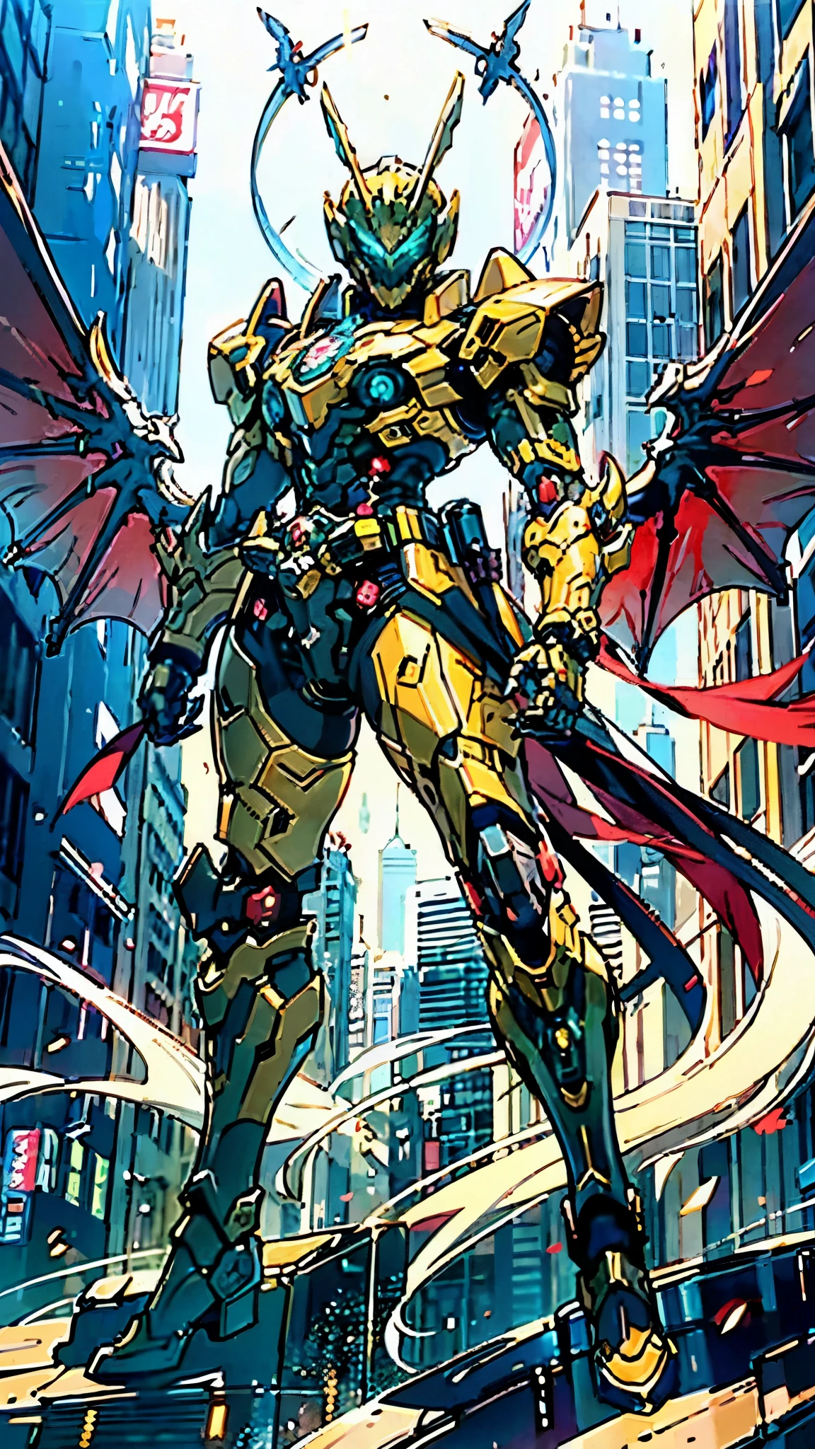 A man wearing a full-face helmet, a fantasy-style biomecha armored combat suit, green eyes, a composite layered chest armor, fully enclosed shoulder guards, matching arm and leg guards, the belt is adorned with dragon claw grasping orbs, primarily black with red accents, the design balances heavy with agility, a high-tech biological armor, concept inspired by dragons,stand on the top of a skyscraper in a futuristic sci-fi city, this character embodies a finely crafted fantasy-surreal style armored hero in anime style, exquisite and mature manga art style, ((male:1.5, element, plasma, energy)), metallic, real texture material, dramatic, high definition, best quality, highres, ultra-detailed, ultra-fine painting, extremely delicate, professional, perfect body proportions, golden ratio, anatomically correct, symmetrical face, extremely detailed eyes and face, high quality eyes, creativity, RAW photo, UHD, 32k, Natural light, cinematic lighting, masterpiece-anatomy-perfect, masterpiece:1.5