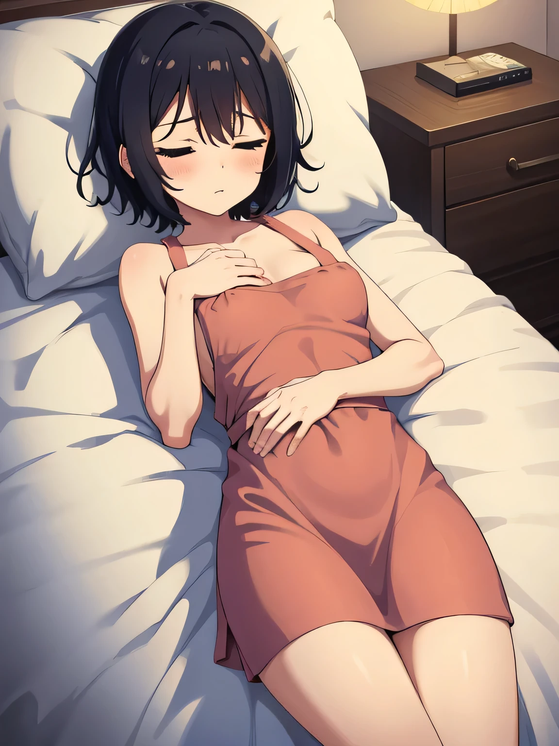 1. Beautiful woman in naked apron, short hair, Small breasts,Black Hair, Hospital Beautiful Cute High Quality Sleeping in bed Sleep Contraceptives
