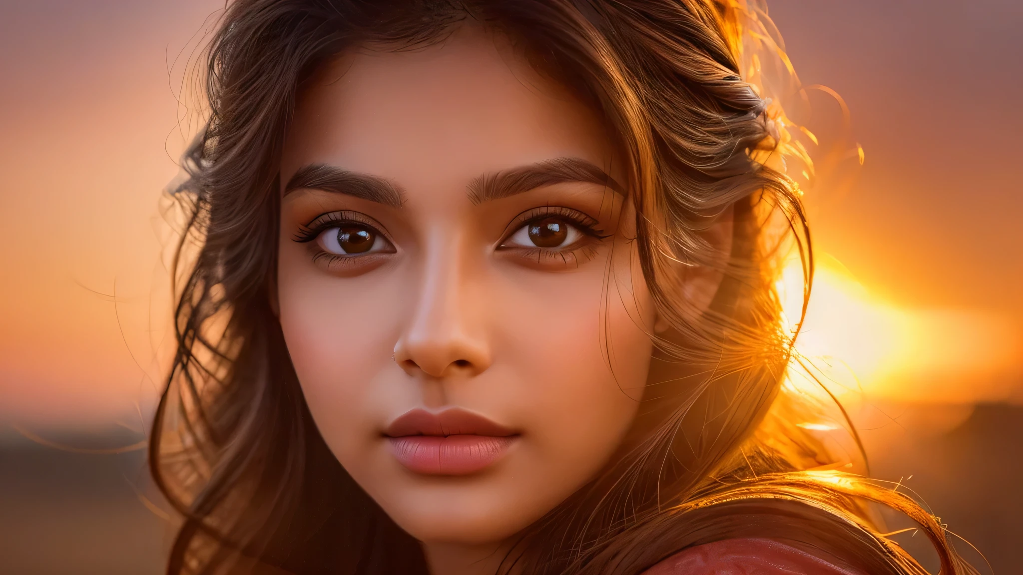 A woman's face at sunset,beautiful detailed eyes,beautiful detailed lips,extremely detailed eyes and face,long eyelashes,Indian woman,dusk,illustration,high-quality,ultra-detailed,photorealistic,portrait,rich colors,warm tones,soft light