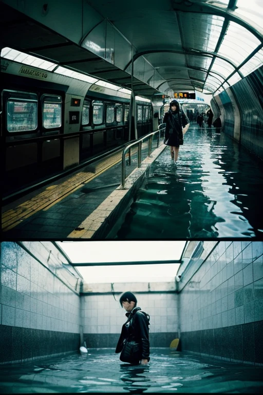 In the water,subway,moss,Showa,Collapse,Devastation,Inside the ruins,Glasses,Women,adventure,Black and White,
