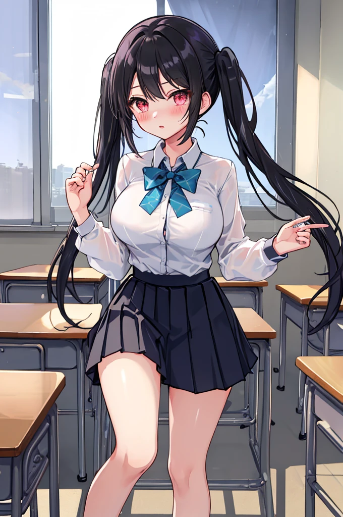 A girl,twintails,Long hair,Black Hair,((transparent)),Open the shirt,Towering breasts,Slim waist,Showing belly,Pleated Skirt,Smooth legs,blush,classroom,