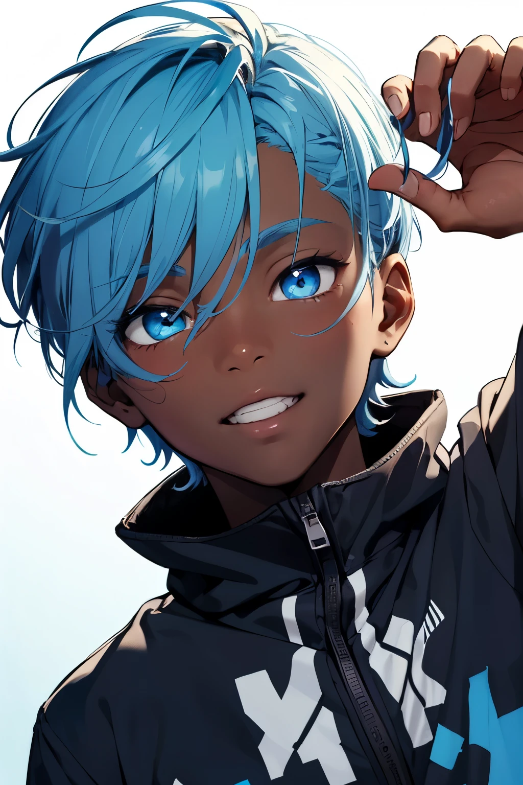 Black boy, boy, dark skin, light blue hair, straight hair, short hair, light eyes, blue eyes, light blue eyes, happy.