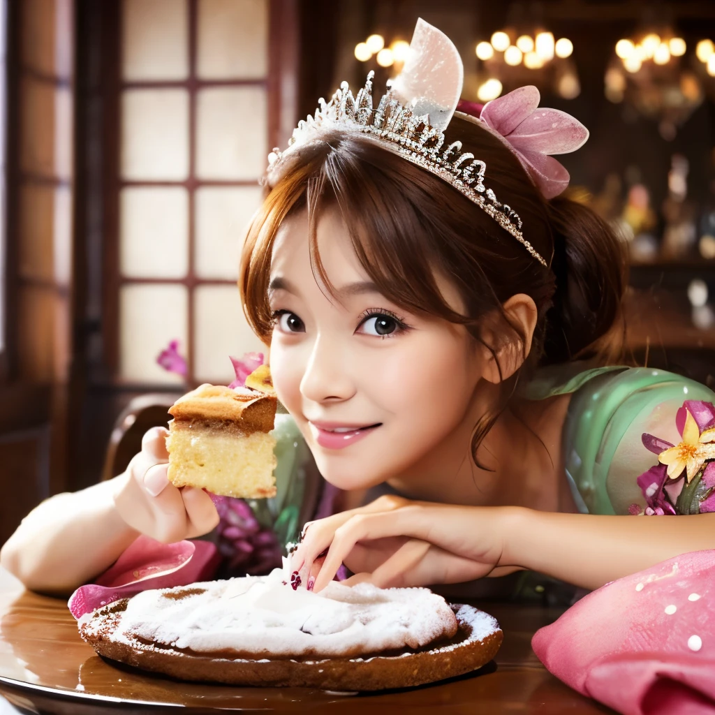 1 little fairy with a piece of cake in her hand . NO SCENARIO