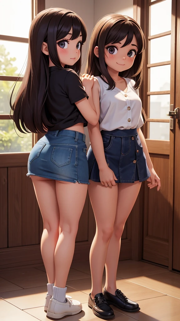 Ultra realistic 7 years old, two girls, obra maestra, mejor calidad, alta calidad, defined, detailed, HD, (piel morena), ojos definidos, ojos cafes intensos, long eyelashes, small mouth, sonrisa, :3, very long hair, pelo liso, pelo oscuro, cuerpo reducido, bosom barely contained, big breasts, sexy, posando foto, estudio, mini skirt, sin sostenes, no bra, excitada, pezones erectos, nice view, full body, nice body, nice hands, nice fingers, perfect fingers, abierto, mojada, sudada, caliente, tight, sonrojada, nice legs, no socks, sin flequillo, peinada hacia atras, pose lasciva, petites, ((no skirts)), sexy clothes, sisters, hot sisters, back view, camera from behind, lean, unaware, no panties, shower, transparent window, towel, showing together, se