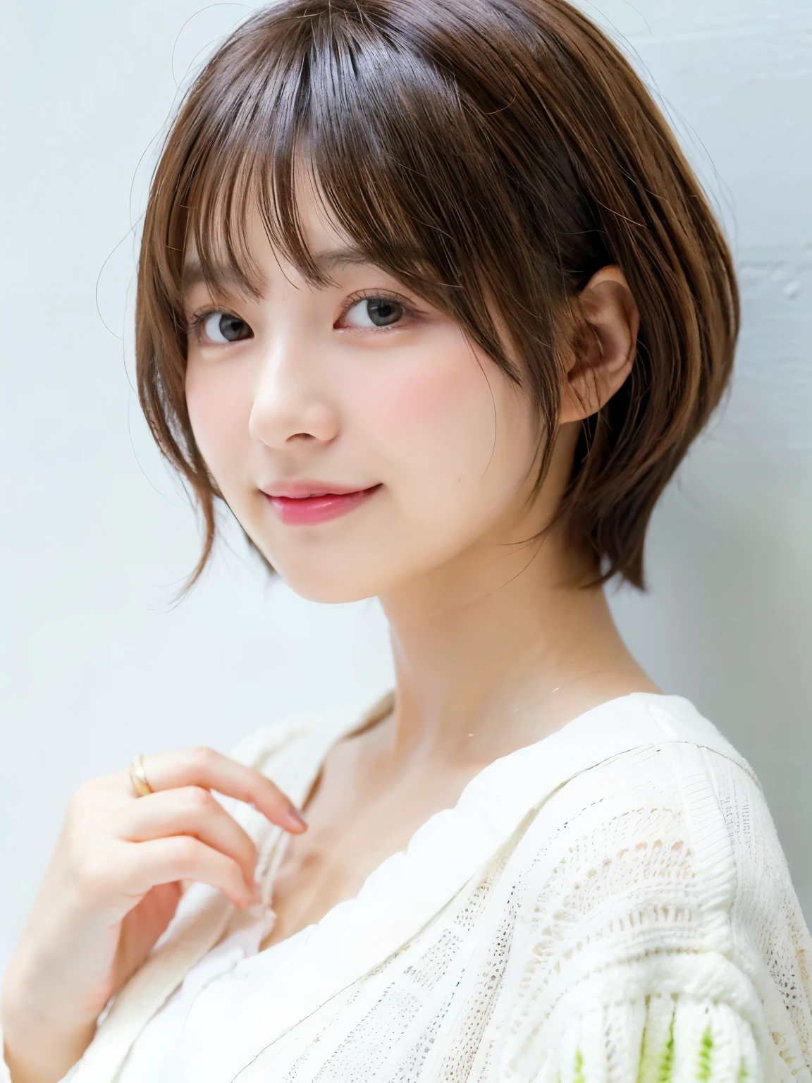 Stylish spring clothes、fluffy hair、smile、(背景にWhite wall、Light green cardigan:1.4)、White wall、In front of a white door、Mr.々A pose、(窓のあるWhite wallの部屋)、((highest quality、8k、masterpiece:1.3))、Ultra-high resolution、(photoGenuineistic:1.4)、RAW Photos、Japanese,(Detailed aspect)、Genuine、Photographed in natural light、Highly detailed face and skin texture、Highly detailed lips、The correct state of the human body、Short Hair、Brown Hair、さまざまA pose、short hair、Shortcuts、Natural color lip、Pixie Cut、非常にShort Hair、profile、Look to the side