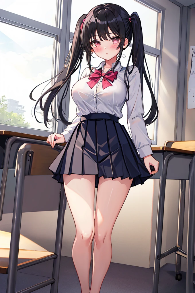 A girl，twintails，Long hair，Black Hair，((transparent))，Open the shirt，Towering breasts，Slim waist，Showing belly，Pleated Skirt，Smooth legs，blush，classroom，